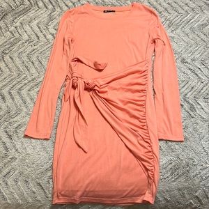 Women Casual Crew Neck Long Sleeve Dress Solid Color Slim Fit Tie Waist Ruched